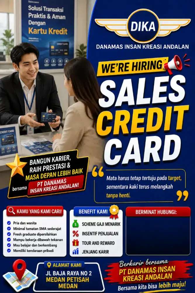 Dicari sales kartu kredit salah satu bank ternama di Indonesia