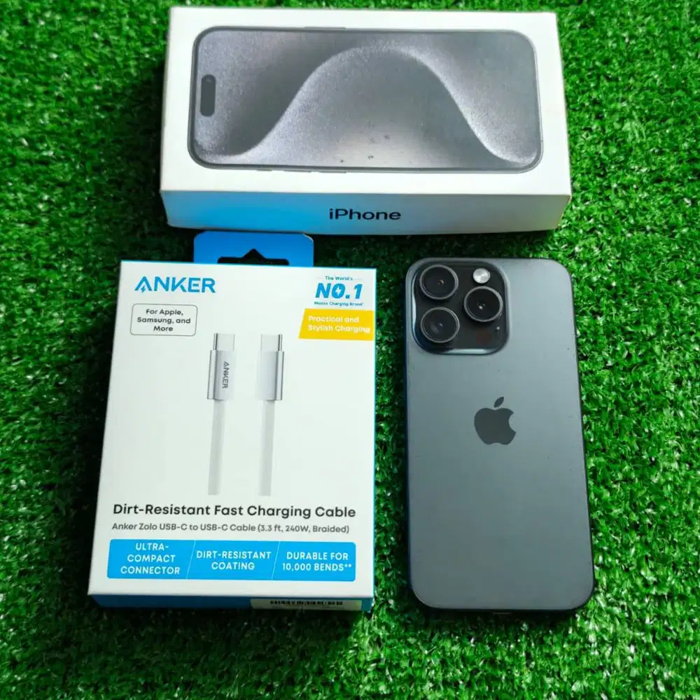 iPhone 15 Pro 128GB Black Titanium BH 81% Box rusak kabel Anker C to C
