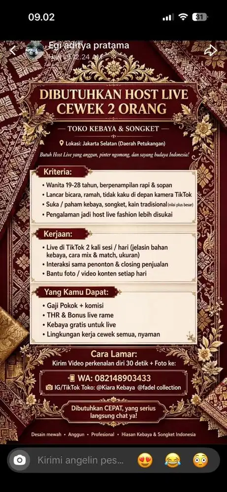 Di butuhkan host live tiktok cwek 2 orang