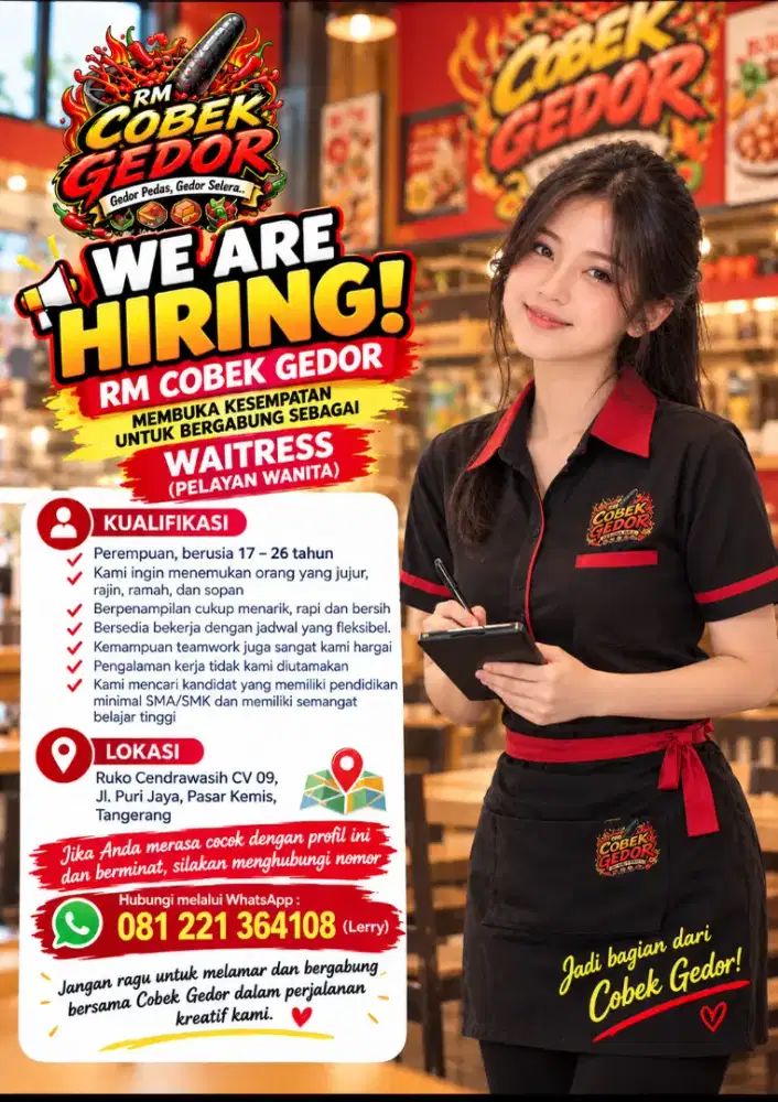 RM COBEK GEDOR membuka kesempatan bagi Anda bergabung sebagai Waitress