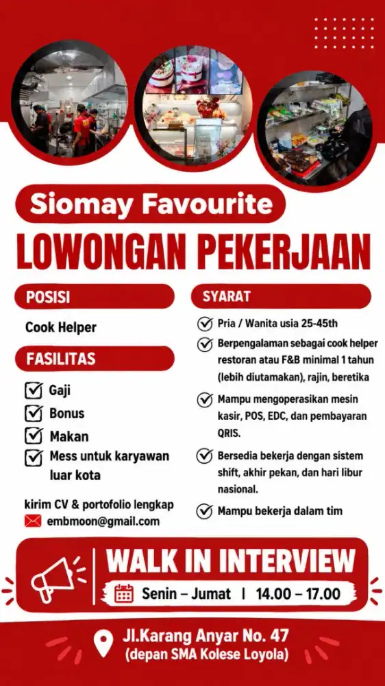 Dibutuhkan Cook Helper, Kasir, Waiters, tukang masak.
