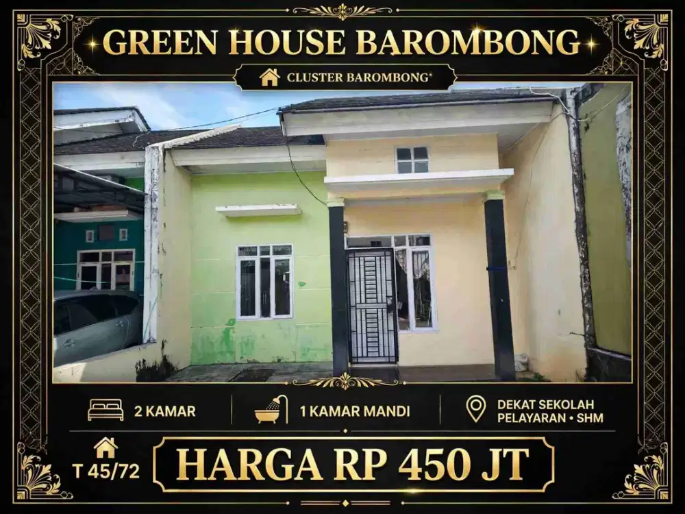 Green House Barombong
T 45/72
Kamar 2
Kamar Mandi 1
Dekat Sekolah Pelayaran, SHM
Rp. 450 JT