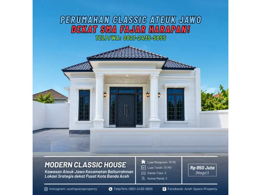 Dijual Rumah Classic di Ateuk Jawo - Dekat SMA Fajar Harapan Kota Banda Aceh!