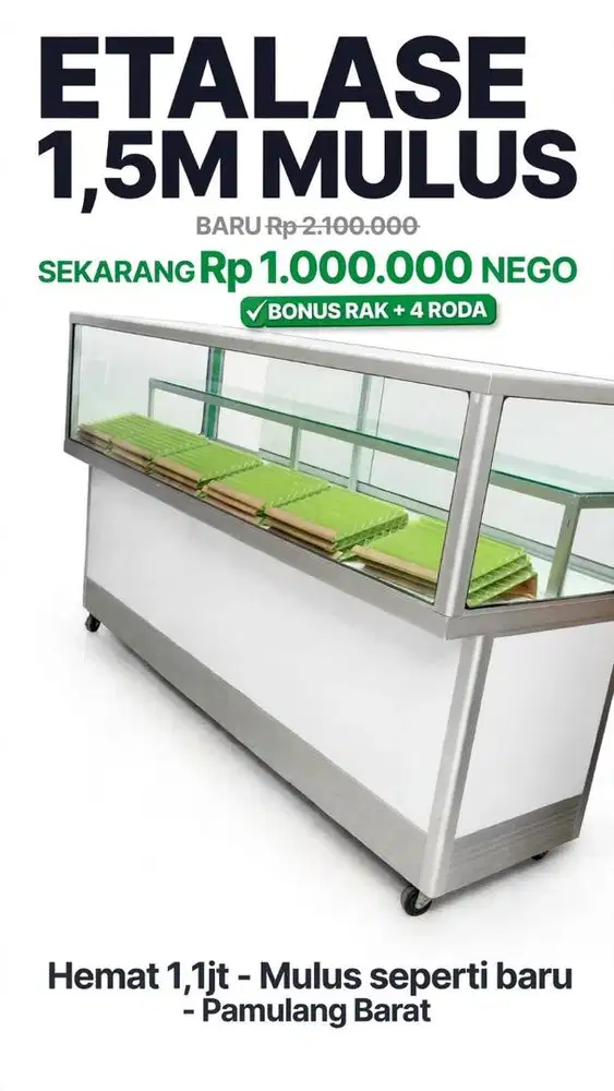 Jual Etalase Kaca Alumunium 1,5m mulus like new  + bonus 4 roda