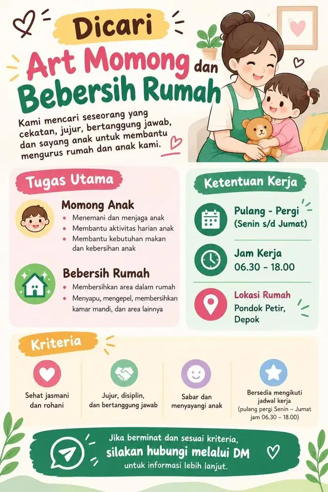 Dicari ART Momong dan Bebersih Pondok Petir