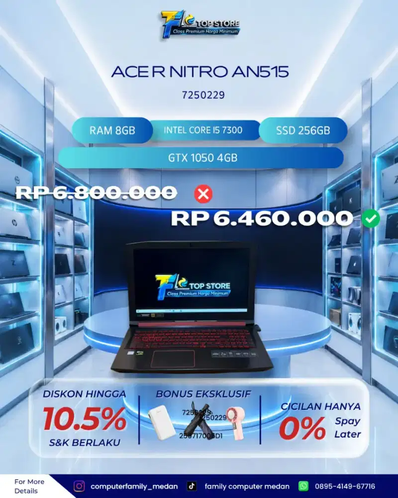 LAPTOP ACER NITRO AN514 INTEL CORE I5 7300 RAM 8GB SSD 256GB+HDD 1TB