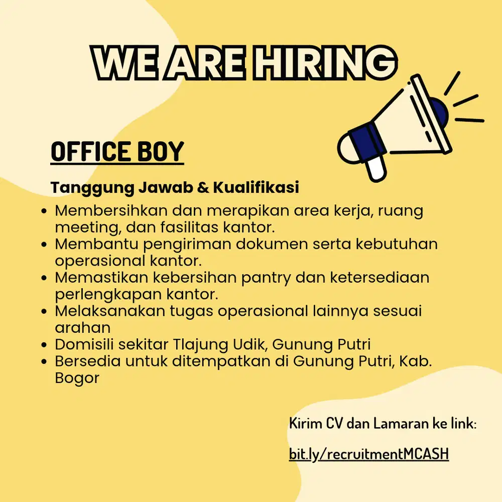 Dibutuhkan Office Boy area Tlajung Udik, Gunung Putri