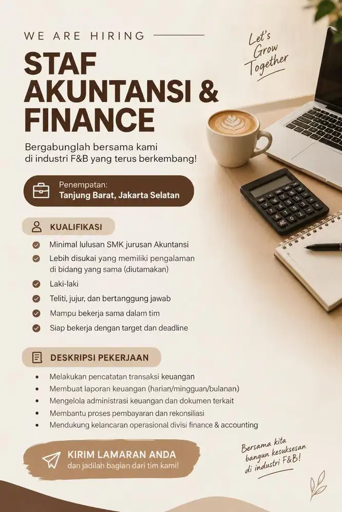 LOWONGAN STAF AKUNTANSI ACCOUNTING FINANCE (F&B)