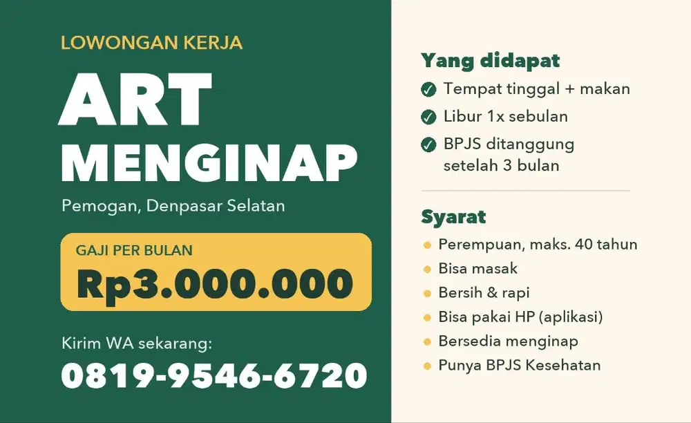 Loker ART Menginap Pemogan Denpasar, Gaji 3 Juta + Makan & Tempat