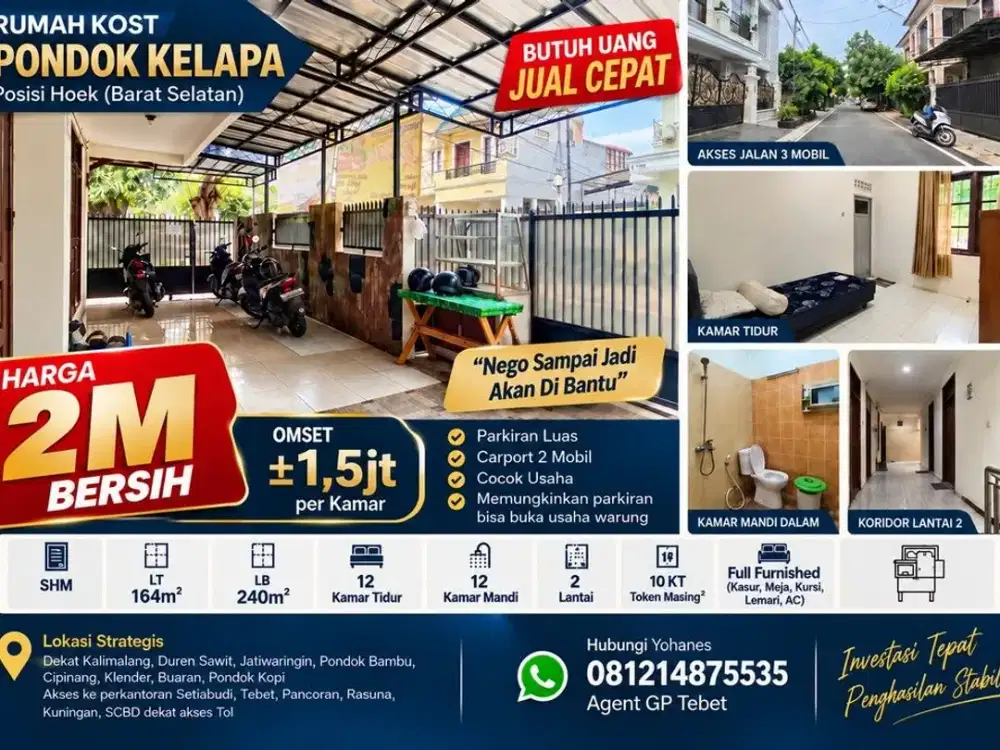 Rumah Kost Pondok Kelapa 12 Kamar Akses 3 Mobil