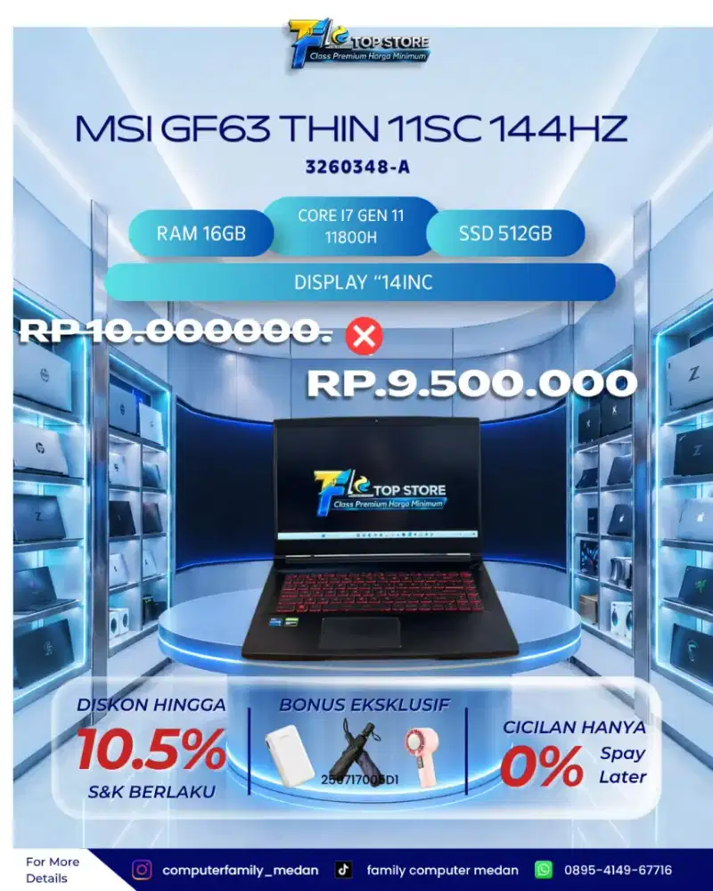 LAPTOP MSI GF63 THIN 11SC GEN 11 CORE I7 11800H RAM 16GB SSD 512GB