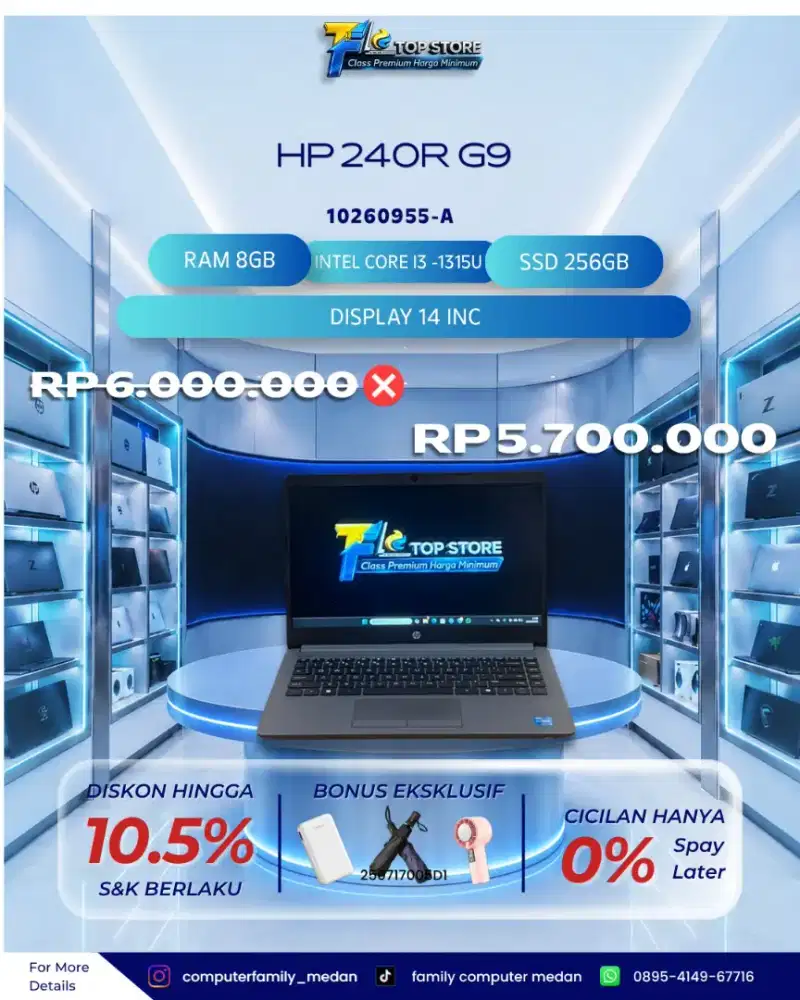 LAPTOP HP 240R G9 14INC FHD INTEL CORE I3-1315U RAM 8GB SSD 256GB