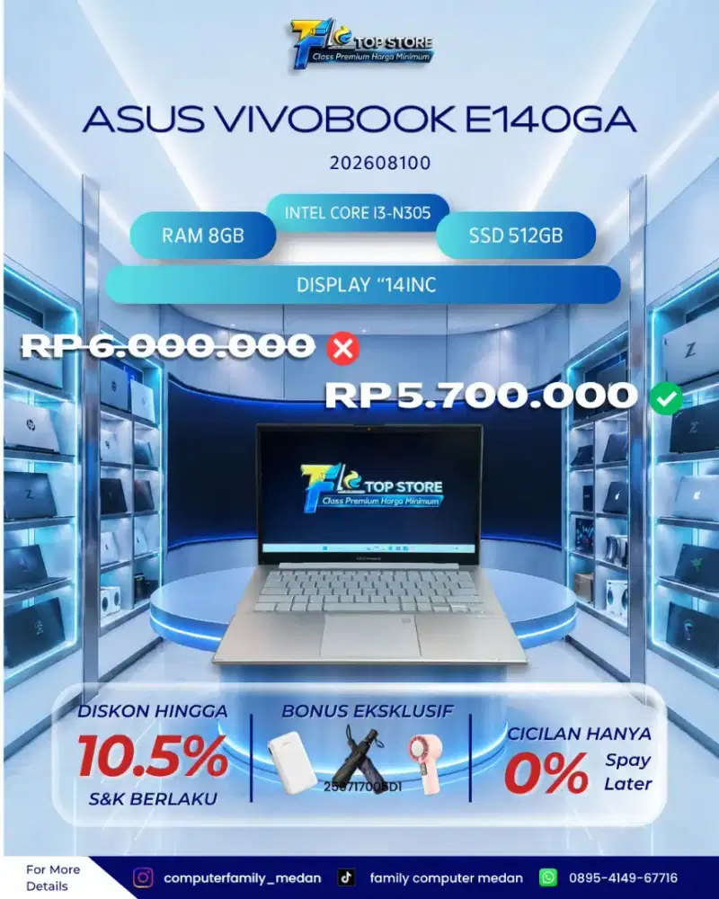 LAPTOP ASUS VIVOBOOK E1404GA 14INC FHD CORE I3-N305 RAM 8GB SSD 512GB