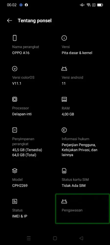 HP Oppo a16 RAM 4 baterai 5000 mah