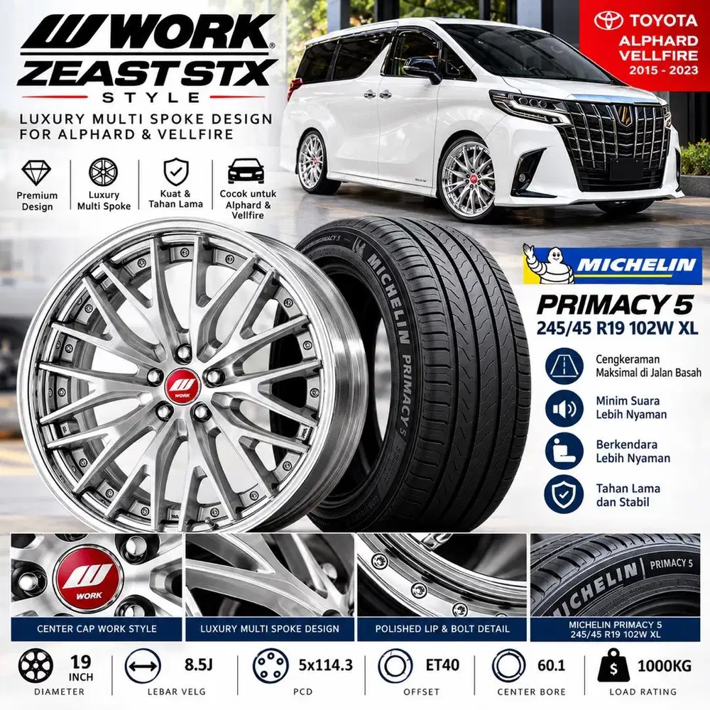 Velg Alphard Vellfire Ring 19 ZEAST STX Style + Ban Michelin Primacy 5