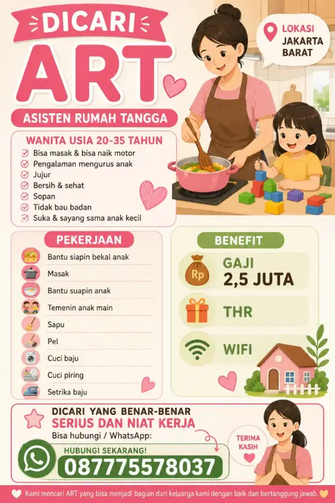 Dibutuhkan ART menginap jakarta barat