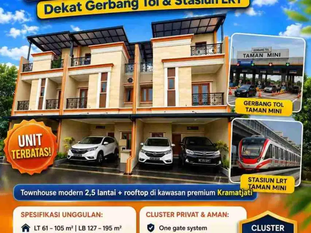TOWNHOUSE EKSKLUSIF 2 LANTAI + ROOFTOP LOKASI STRATEGIS PALING DICARI
KRAMATJATI, JAKARTA TIMUR