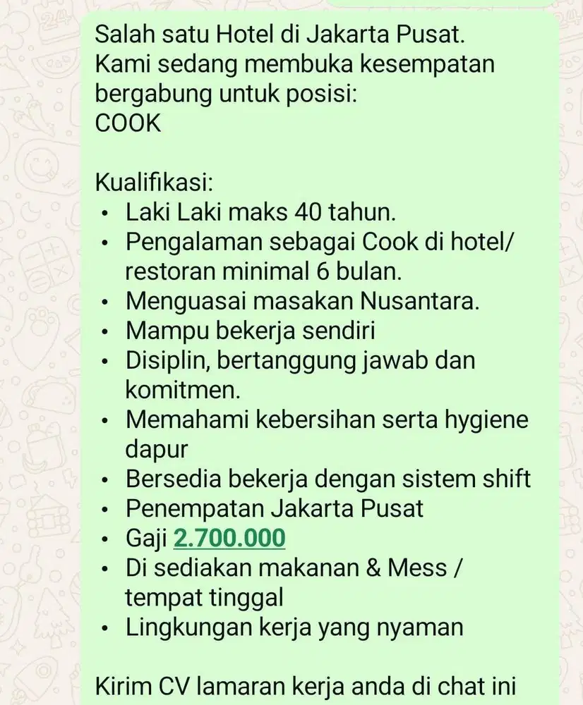 Dibutuhkan Cook Hotel