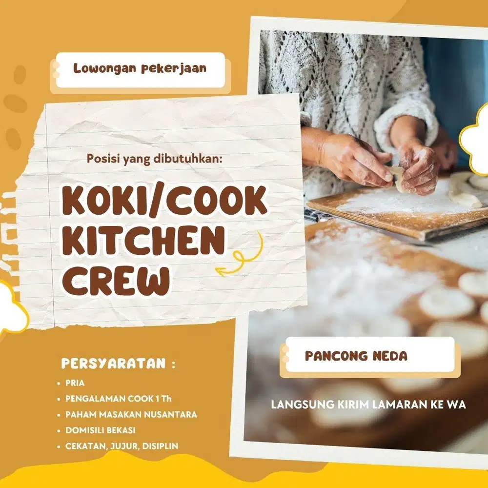 KOKI / COOK / CHEF (KHUSUS PRIA/BEKASI) Langsung Kirim CV