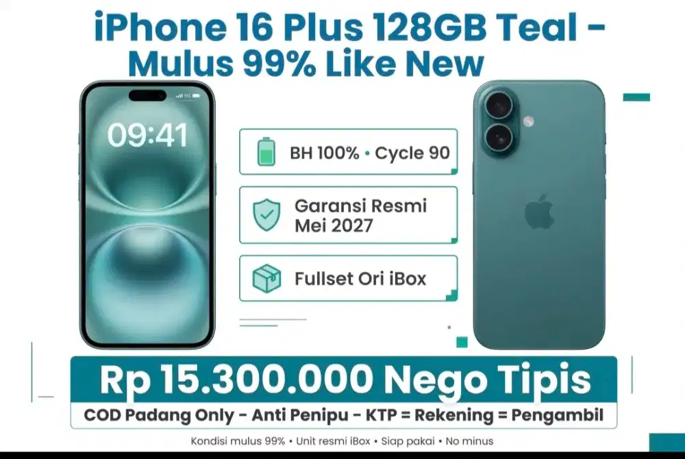 Iphone 16 plus 128GB Teal mulus Fullset BH 100% Cxcle 90 Garansi Resmi