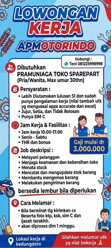 Dibutuhkan Pramuniaga Toko Sparepart Surabaya Berpengalaman