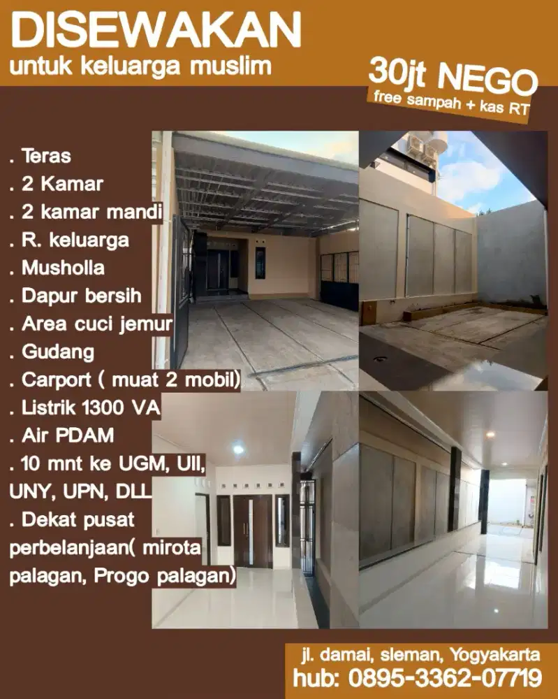Disewakan Rumah 2 KT, 2 KM, Carport 2 Mobil – Sariharjo Sleman