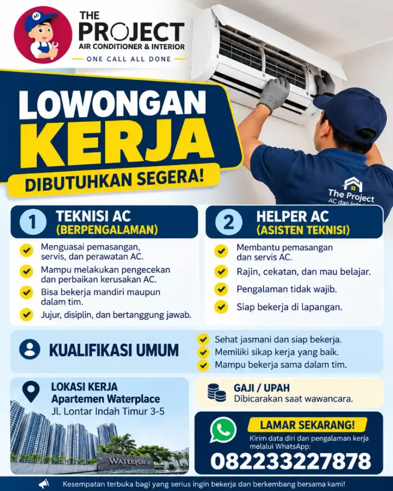 Di Cari Segera Teknisi dan Helper AC
