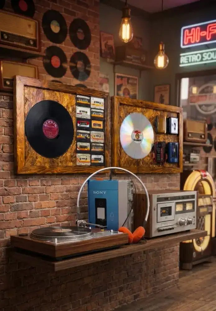 Hiasan dinding kaset Walkman laserdisc jadul vintage jaket helm sepeda