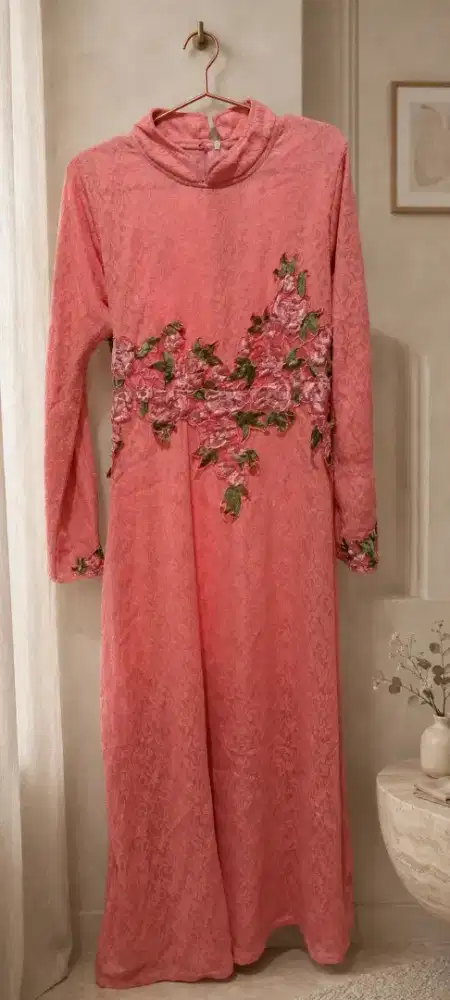 Dress Pink Lace Bunga 3D - Gamis Brokat Pink Elegan