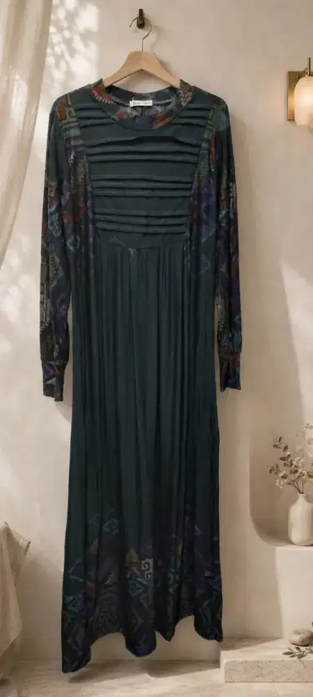 Gamis Hijau Botol Etnik - Dress Panjang Motif Batik Mewah