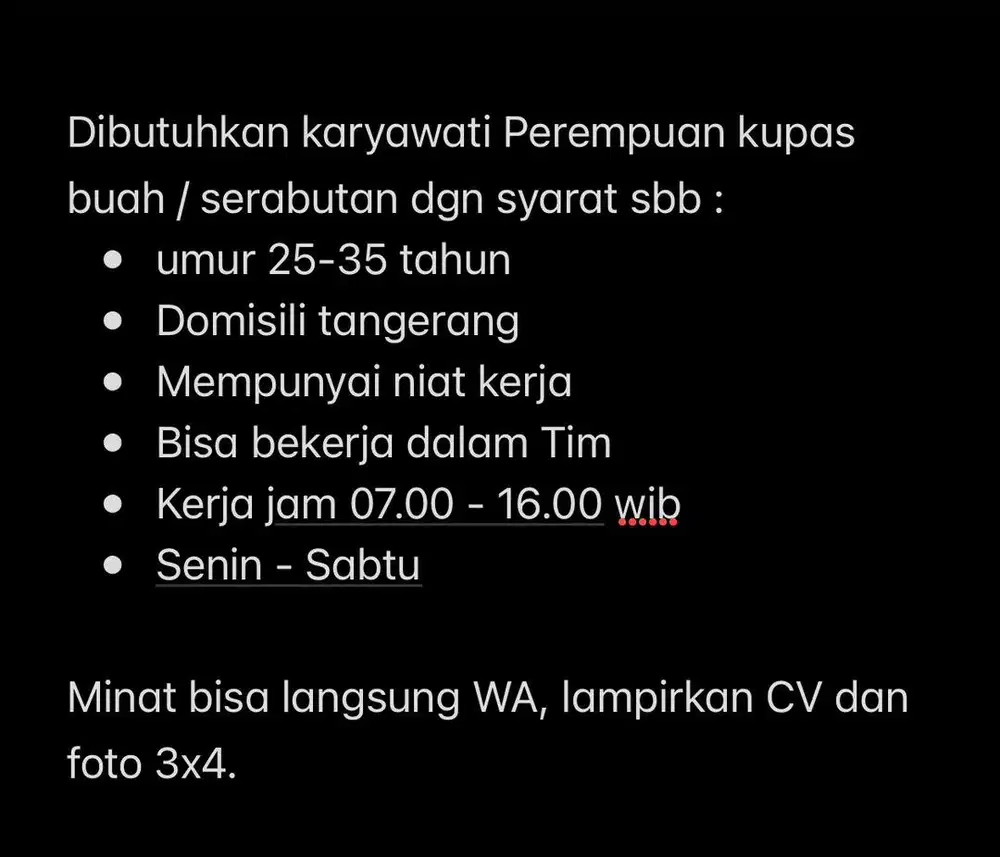 Dibutuhkan segera karyawati perempuan yang serius butuh kerja