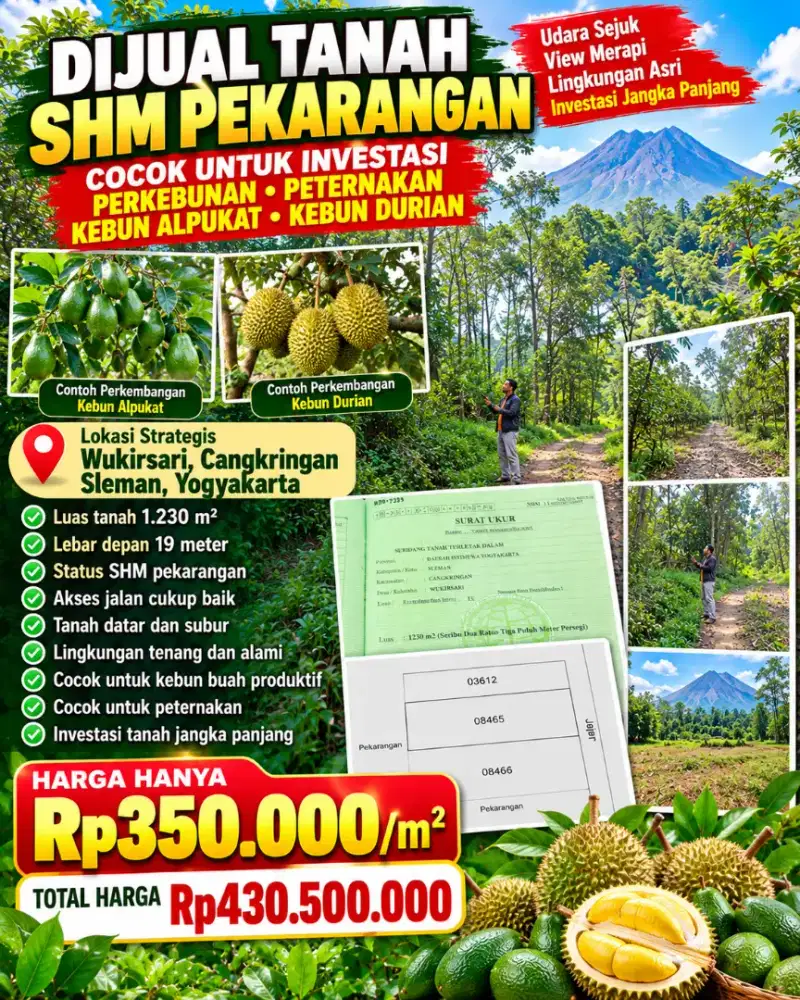 Dijual tanah investasi SHM pekarangan di Wukirsari cangkringan Sleman