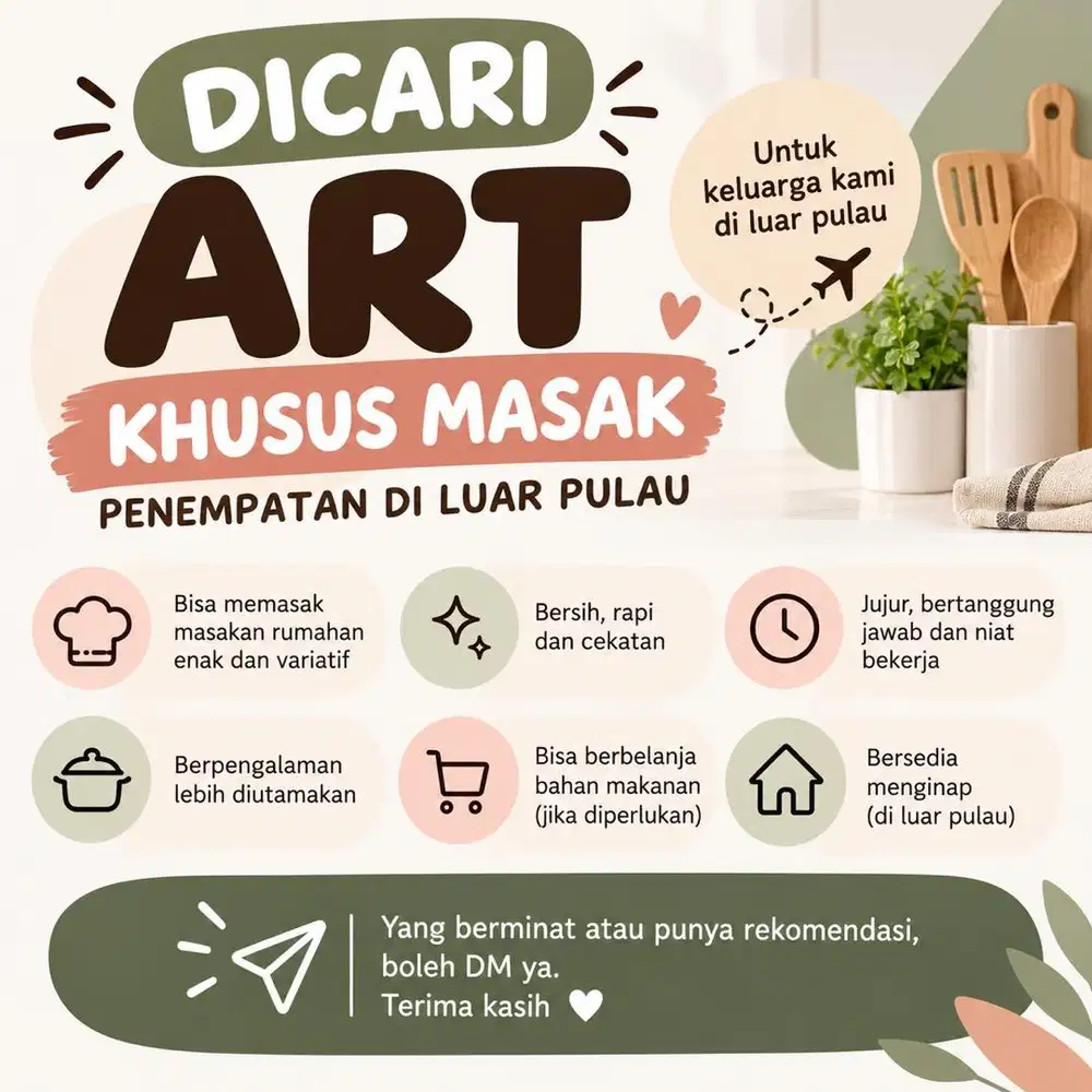 Dibutuhkan cepat ART MASAK LUARPULAU