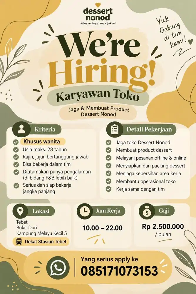 DI BUTUHKAN SEGERA YANG SERIUS LANGSUNG APPLY