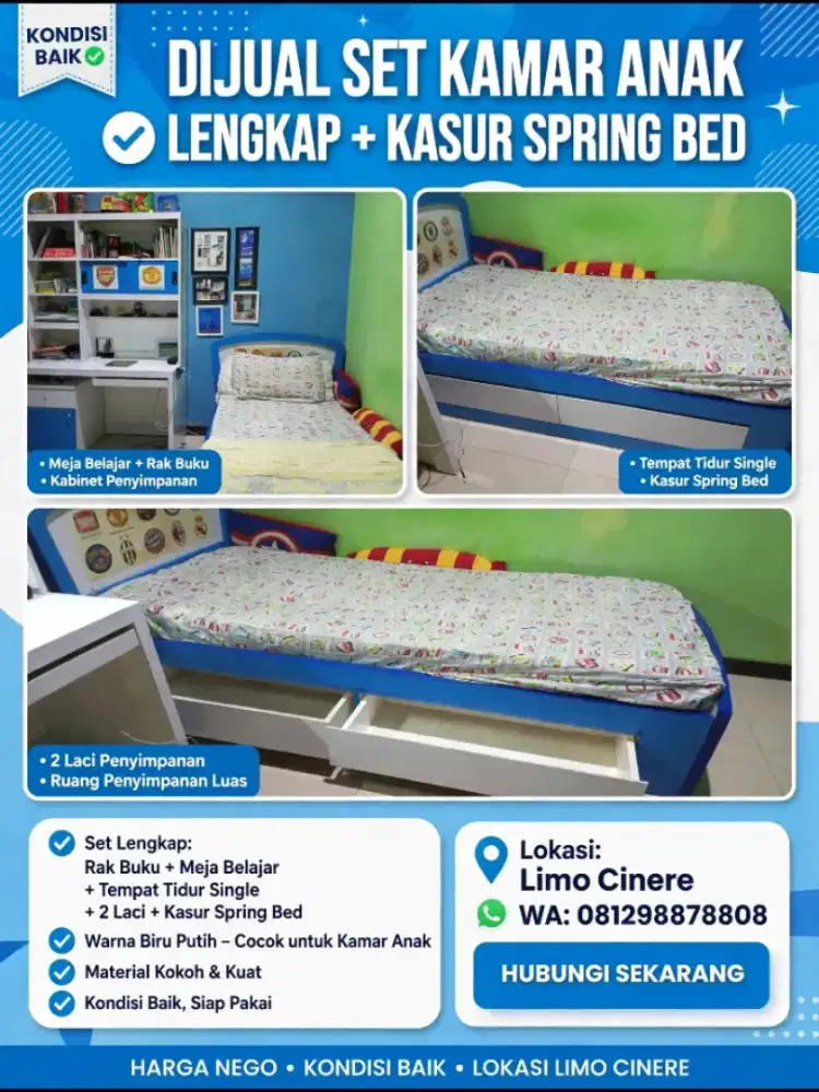 MEJA BELAJAR & TEMPAT TIDUR DNGN KASUR SPRING BED