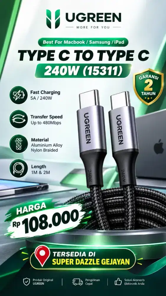 UGREEN TYPE C TO TYPE C CABLE 240W (15311)