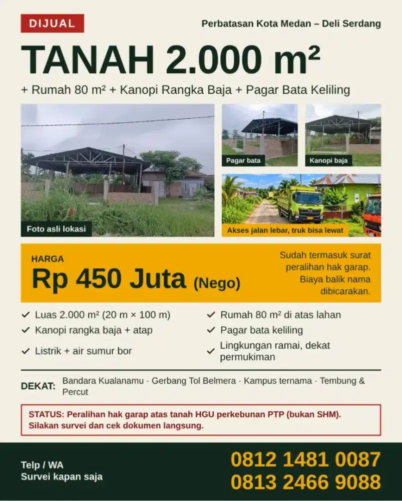 Jual Tanah 2000m2 (20*100) MURAH.. 450 JT Nett.