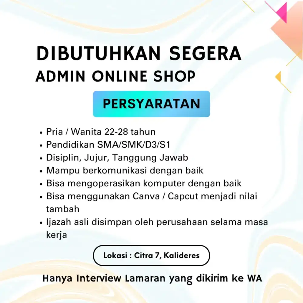 Dibutuhkan admin online shop wanita CS packing QC