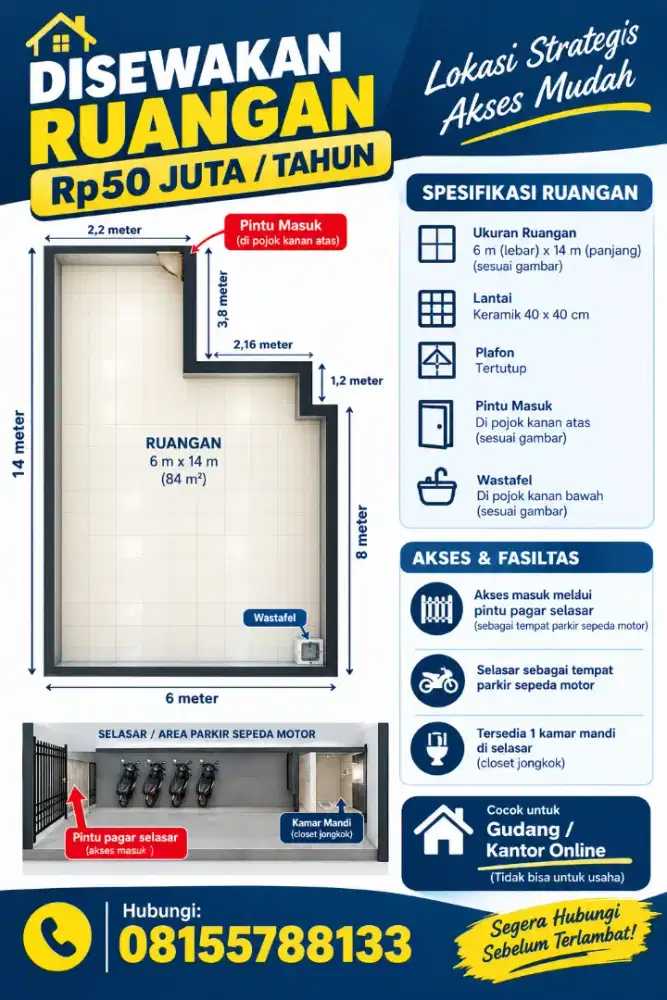 Disewakan ruangan 6 meter x 14 meter