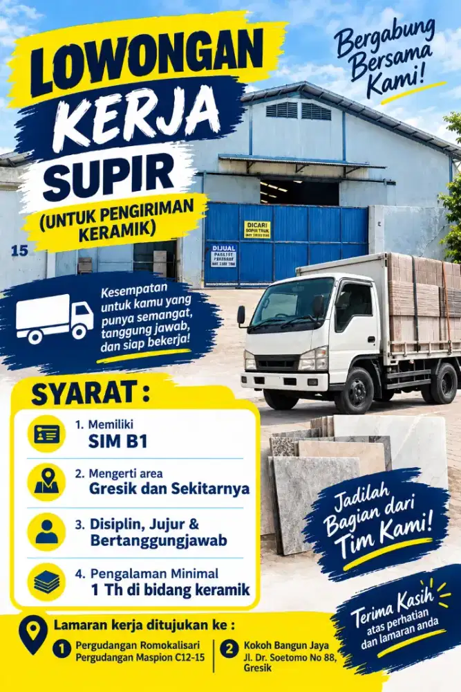 LOWONGAN KERJA SUPIR(UNTUK PENGIRIMAN KERAMIK)