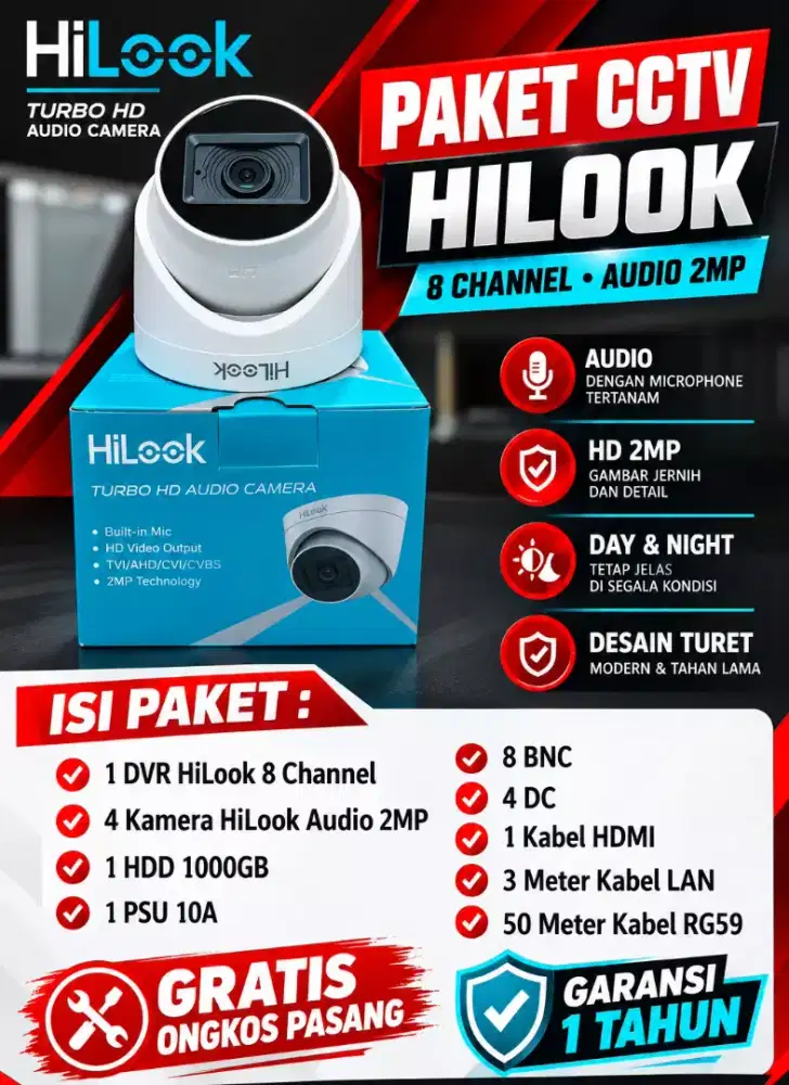 paket cctv hilook 8 channel 4 kamera audio 2mp