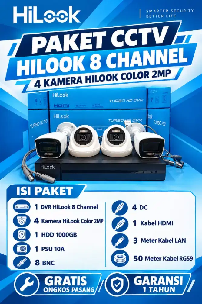 paket cctv hilook 8 channel 4 kamera color 2mp