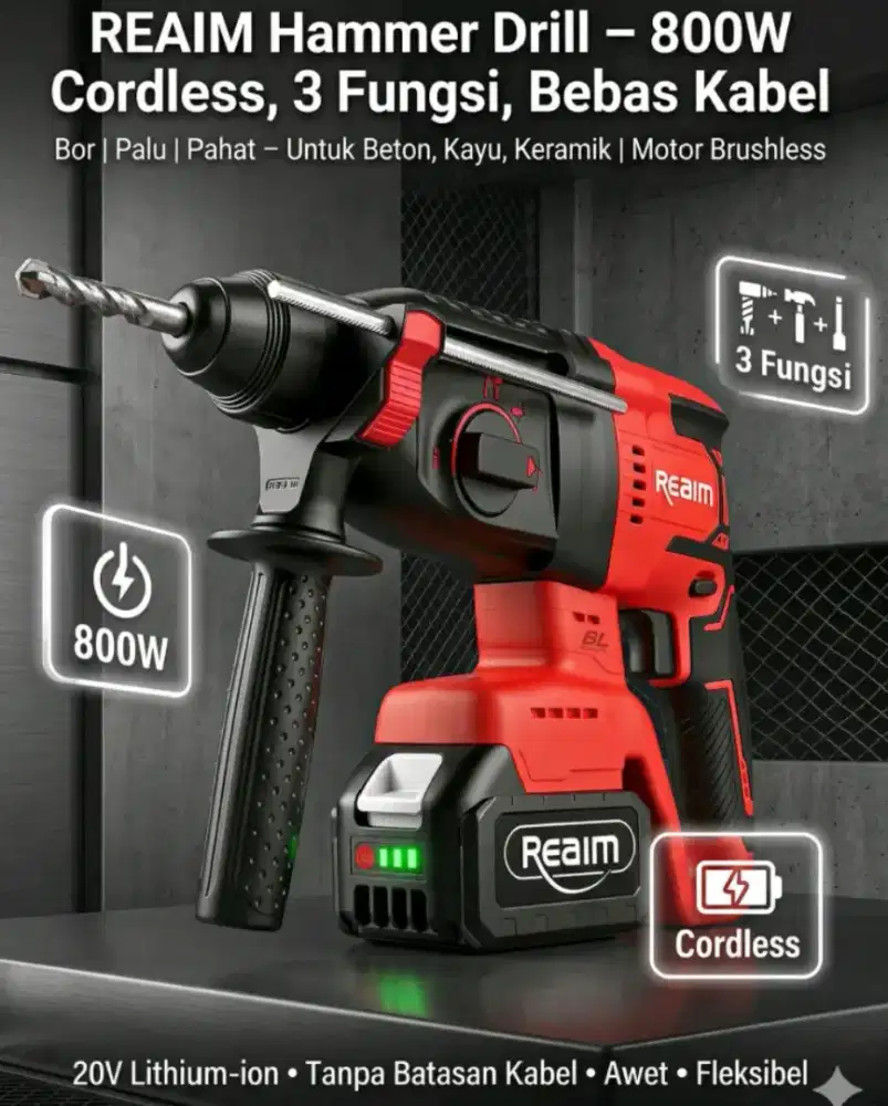 Rotary hammer drill cordless, Reaim Pro series + bonus adaptor chuck