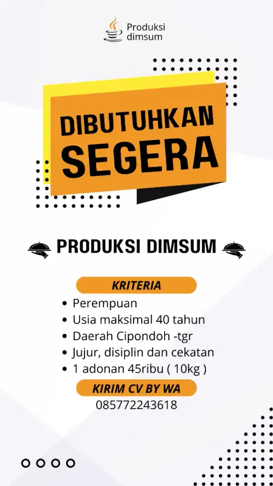 Dibutuhkan segera produksi dimsum (mencetak dimsum)