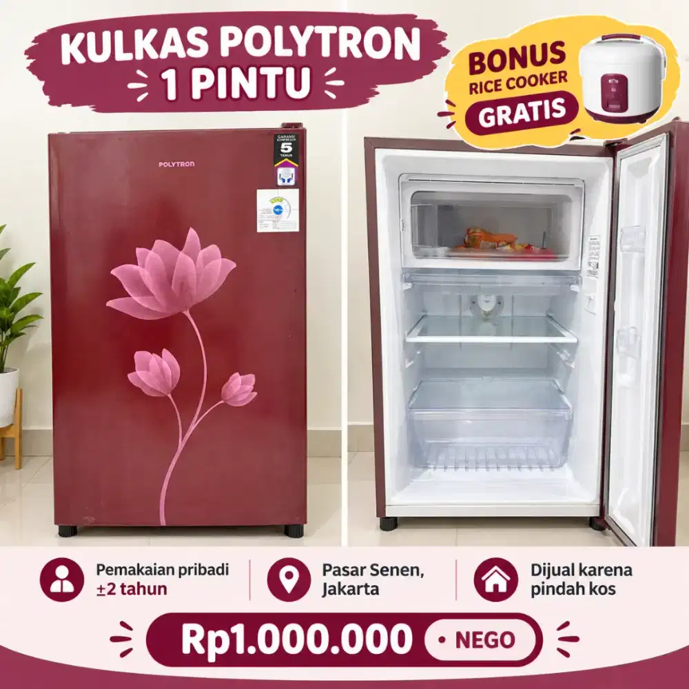 Kulkas Polytron 1 Pintu Bekas + Bonus Rice Cooker Gratis! Harga Nego