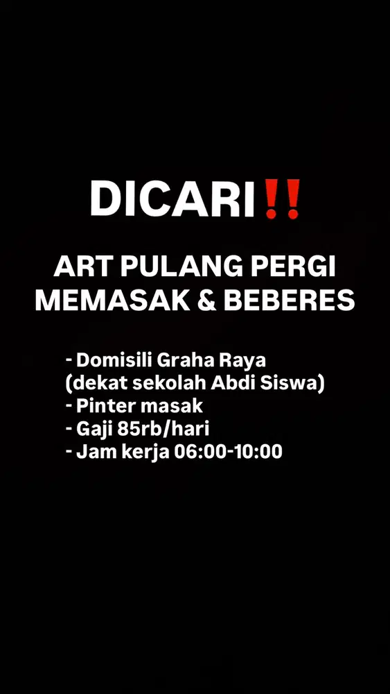 ART PP Domisili Graha Raya pinter masak gaji harian hanya 2 minggu