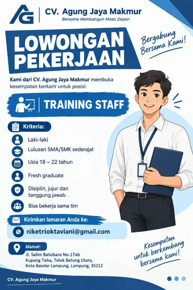Lowongan kerjaan training staff - Lulusan SMA/SMK, fresh graduate