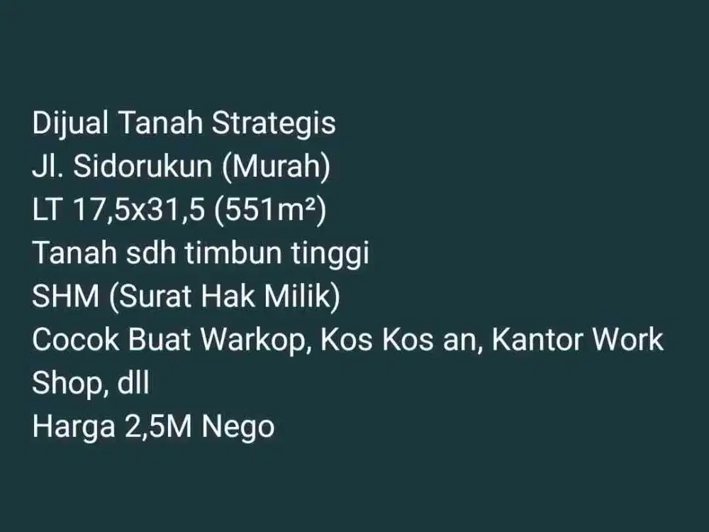 Dijual Tanah Jl. Sidorukun/ Krakatau Murah