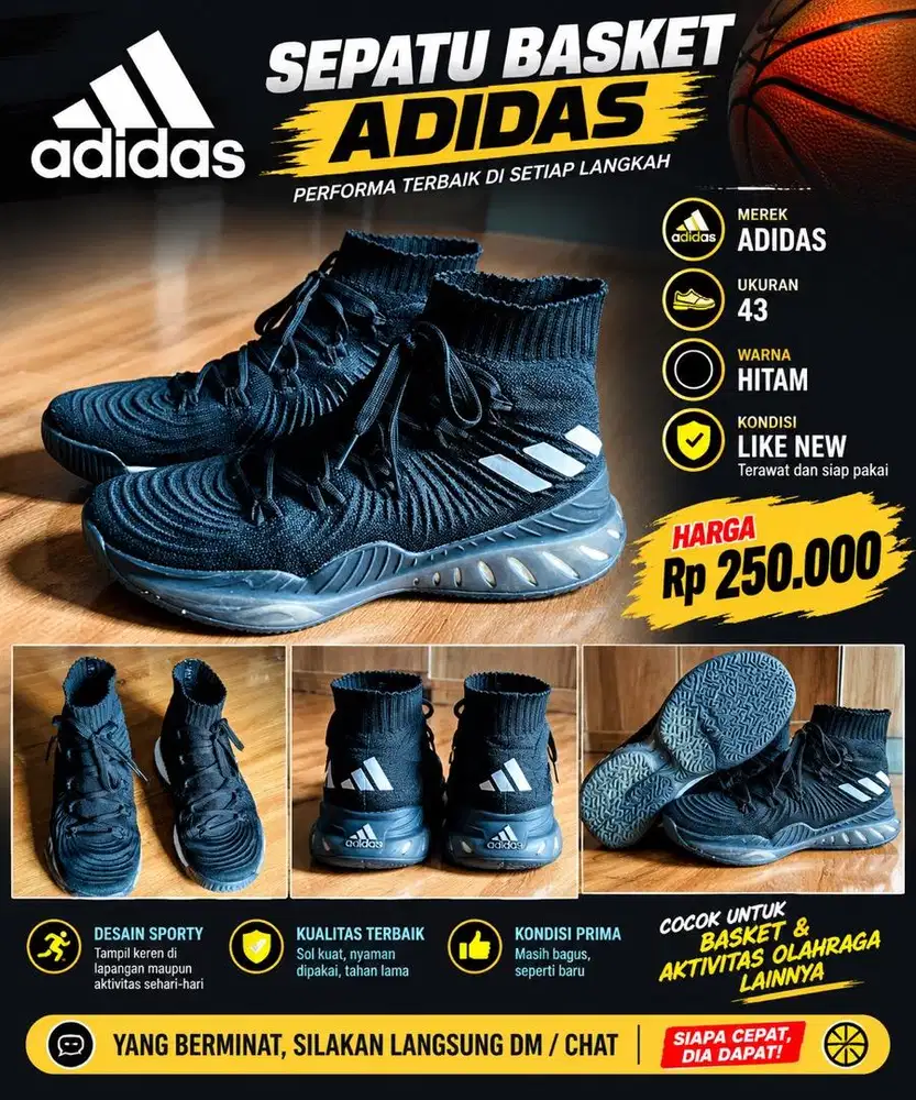 DIJUAL SEPATU BASKET BALL ADIDAS SIZE 43 KINDISI LIKE NEW