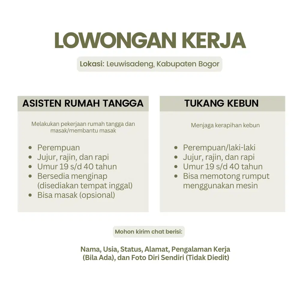 DICARI ART DAN TUKANG KEBUN